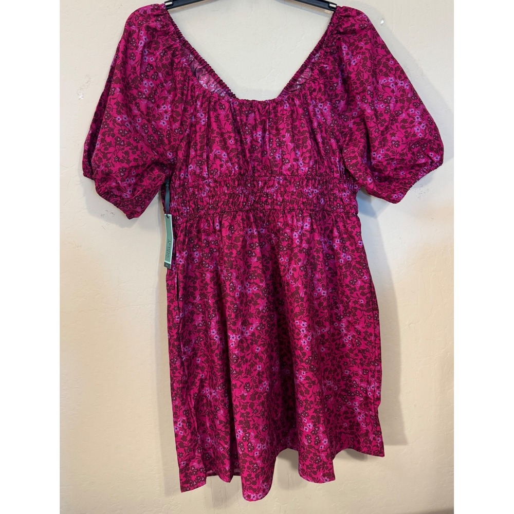 Terra & Sky Mini Cinched Dress Women 0X Dark Azalea Floral Smocked Pockets NEW - Picture 5 of 11
